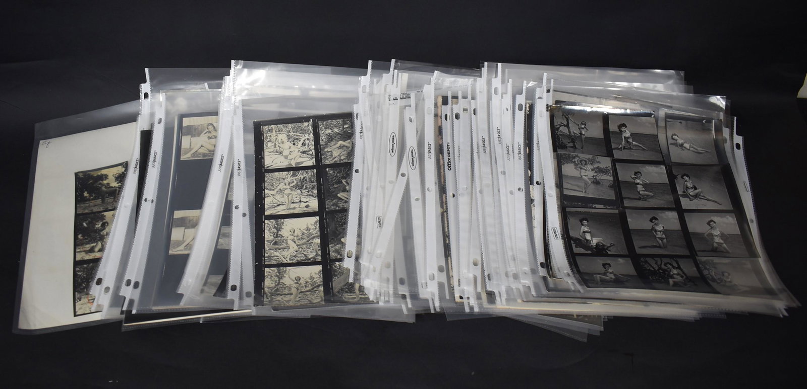 Collector's Massive Lot of Bunny Yeager Contact Sheets: Approximate count. Various models, many of which will be easily identifiable by collectors.Several with Bunny Yeager backstamps. In this lot: 9 Sherri Tosk, and 4 partial contact sheets have a Bunny Y