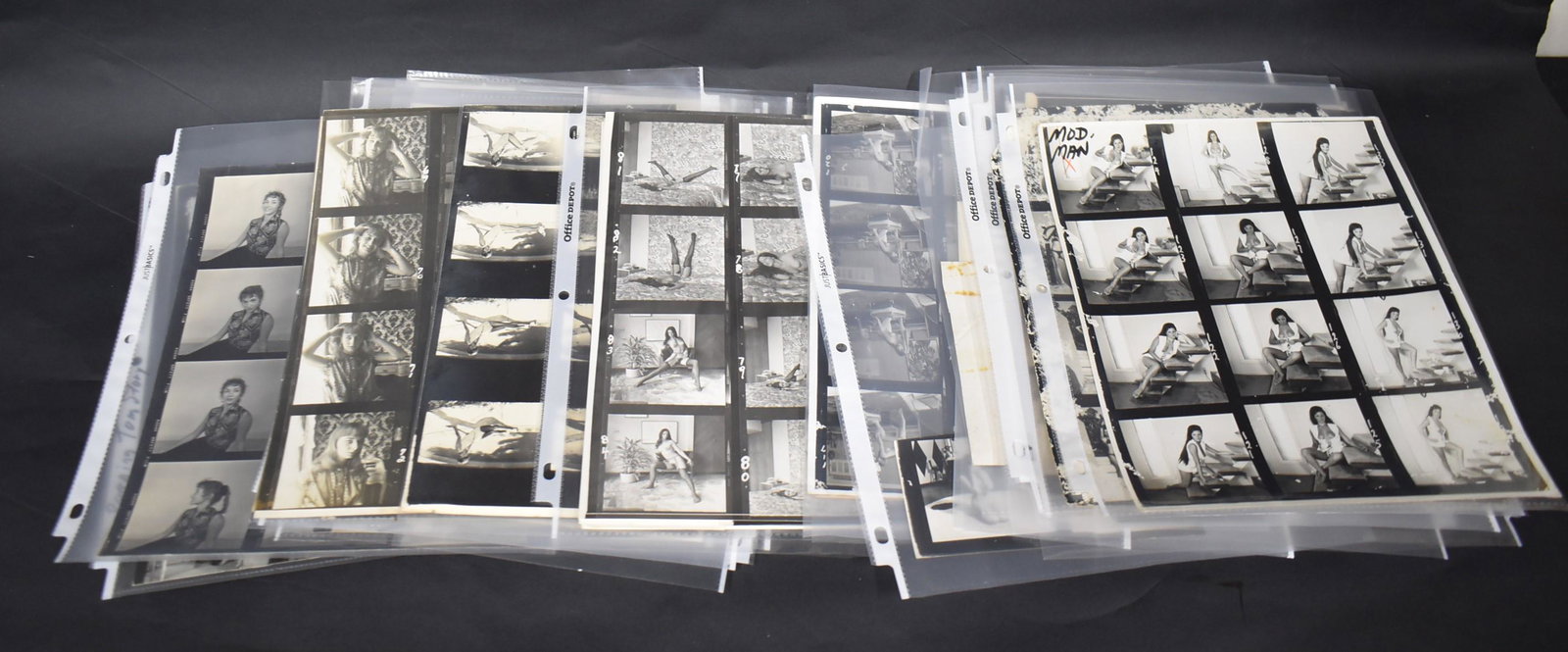 Collector's Massive Lot of Bunny Yeager Contact Sheets: Approximate count. Various models, many of which will be easily identifiable by collectors.Several with Bunny Yeager backstamps. 1 contact sheet is identified in Bunny Yeager's hand as "Bud/Hiding in 