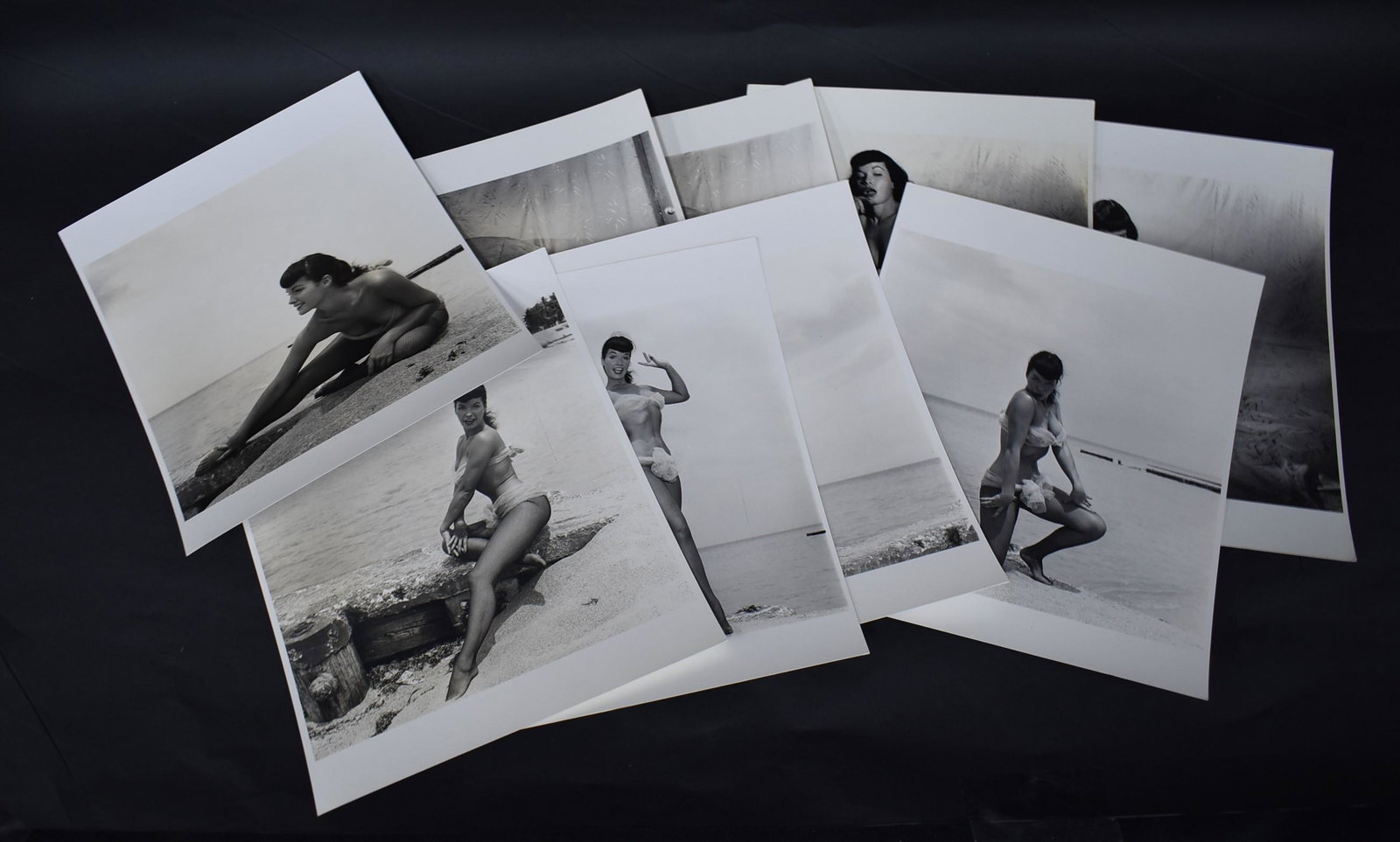 Eric Kroll Era Bettie Page Photos (9): Eric Kroll era. All with Bunny Yeager backstamps that say represented by Eric Kroll. All signed Bunny Yeager. Double weight matte &/or semi-gloss silver gelatin. 8 inches x 10 inches.