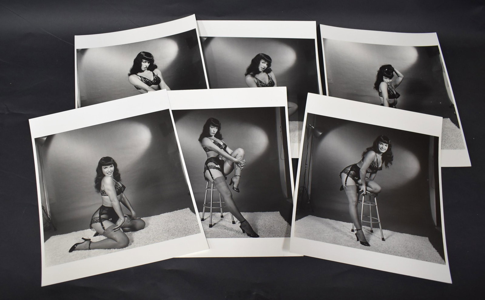Bettie Page Photos (6): All have Bunny Yeager and Eric Kroll backstamps. Double weight matte &/or semi-gloss silver gelatin.8 inches x 10 inches.