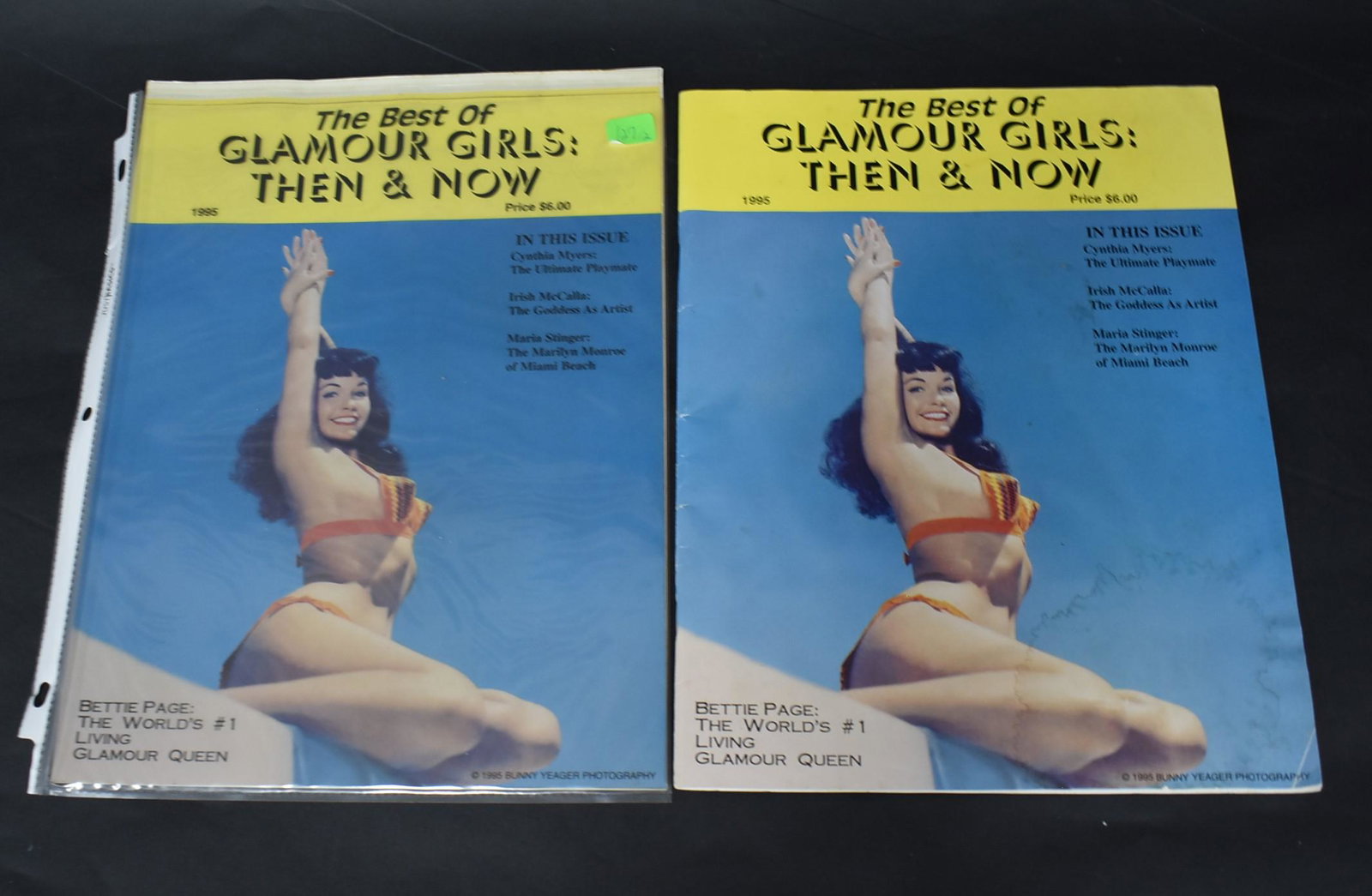 Glamour Girls Then & Now Magazines (2): Bettie Page covers and interior article about Maria Stinger, the Marilyn Monroe of Miami Beach - a Bunny Yeager model.
