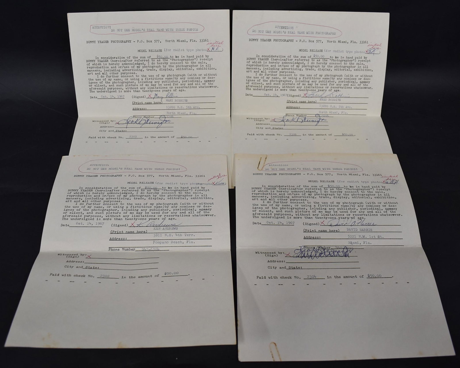 Sgd. Model Contracts W/ Bunny Yeager (4): Fred Robbins; David Harris; Ken Andrews; Mary Robbins. 4 in the lot.