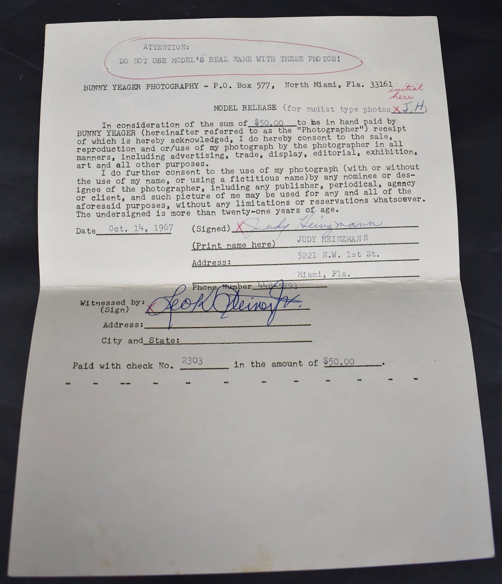 Judy Heinzmann Sgd. Contract W/ Bunny Yeager: 1967. Wth instructions that models real name should not be used.