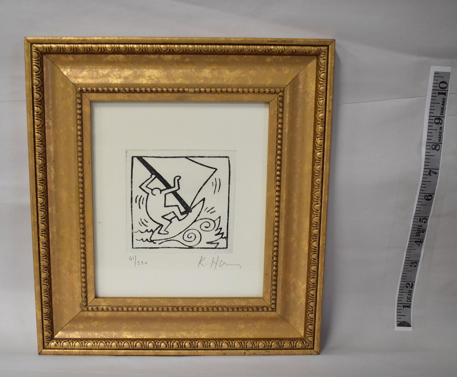 K. Haring Ltd Ed. Lithograph Signed: Gallery Framed and Matted Signed and Numbered 61/250. Size Image 4"H x 4"W. Overall 12"H x 12"W