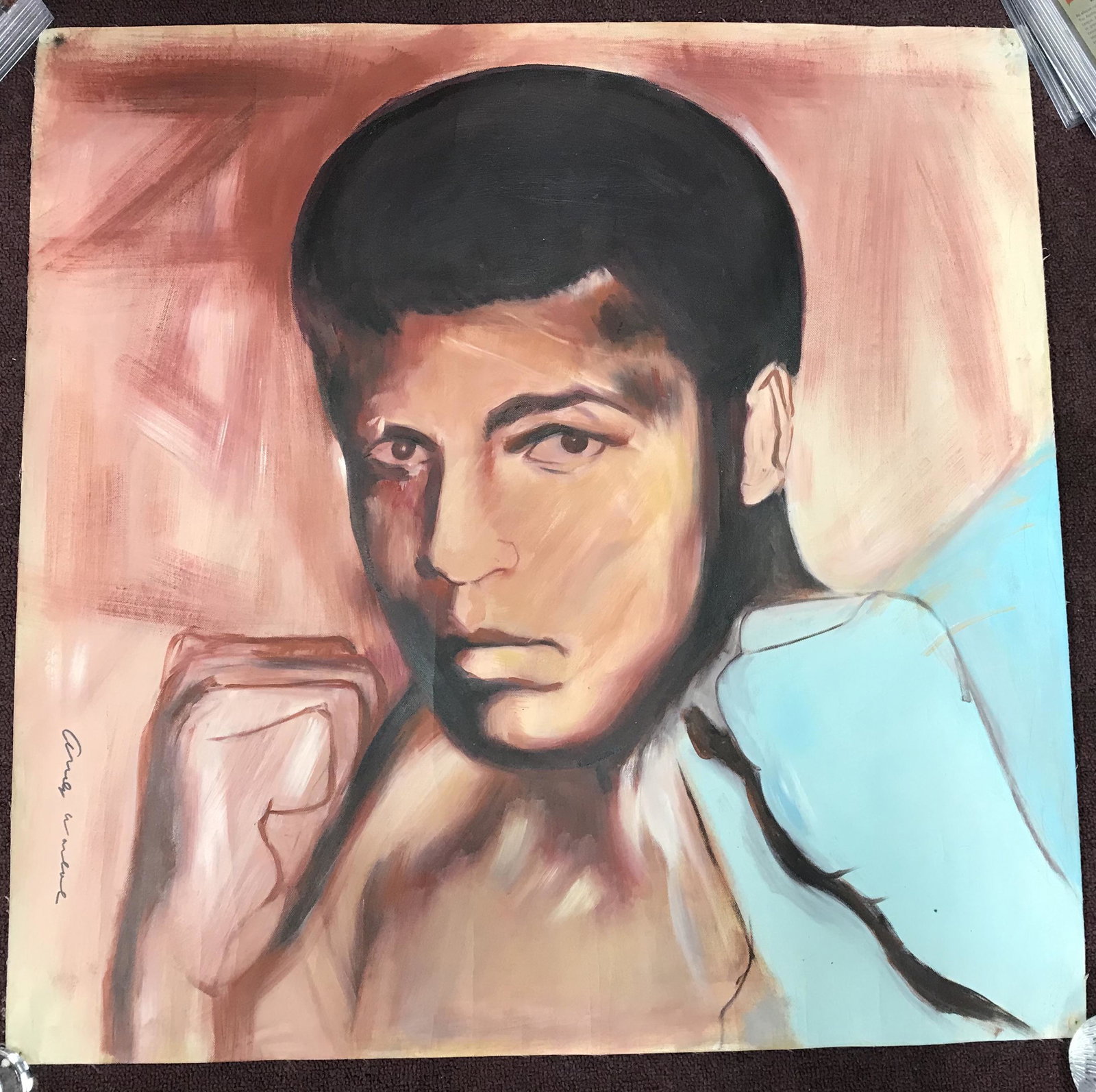 ATTR Andy Warhol Oil. Muhammad Ali: Signed LL Andy Warhol and Stamped with Warhol Seal on back. Size 27" x 27" tiny Holes in corners from hanging
