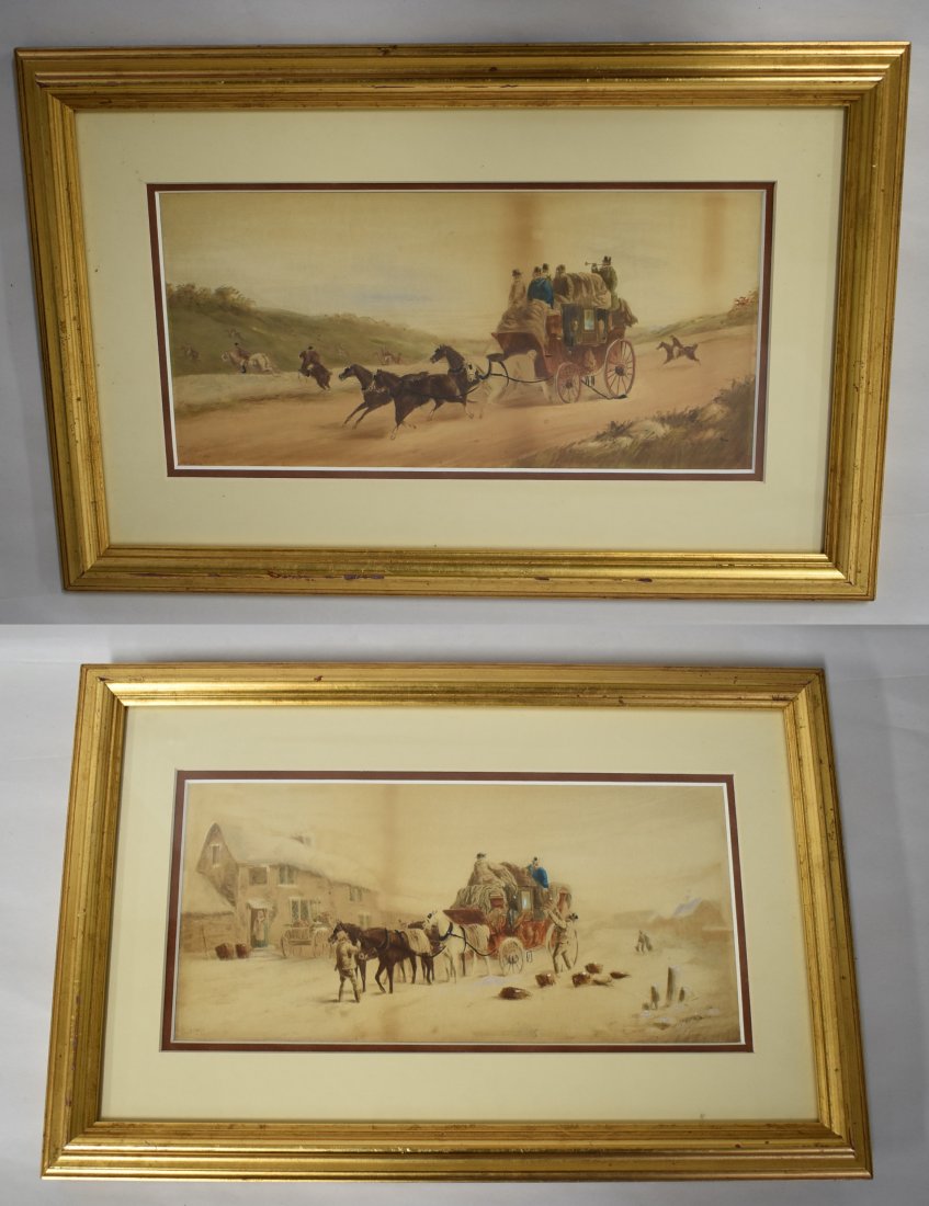 Pr. Hand Embellished and Colored Prints: Artist John Charles Maggs (Eng 1819-1896) Prints of " Coaching Days" Professionally Framed and matted. Size image 5.5"H x 11.5"W. Overall 11"H x 16"W