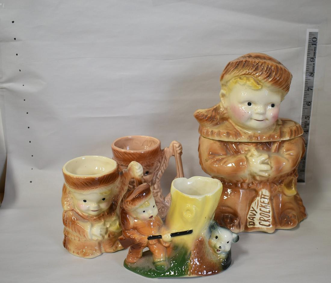 Collectible Davy Crockett Lot (4): Brush Davy Crockett Cookie Jar with milk mugs and an American Bisque Davy Crockett Planter (four items in the lot)