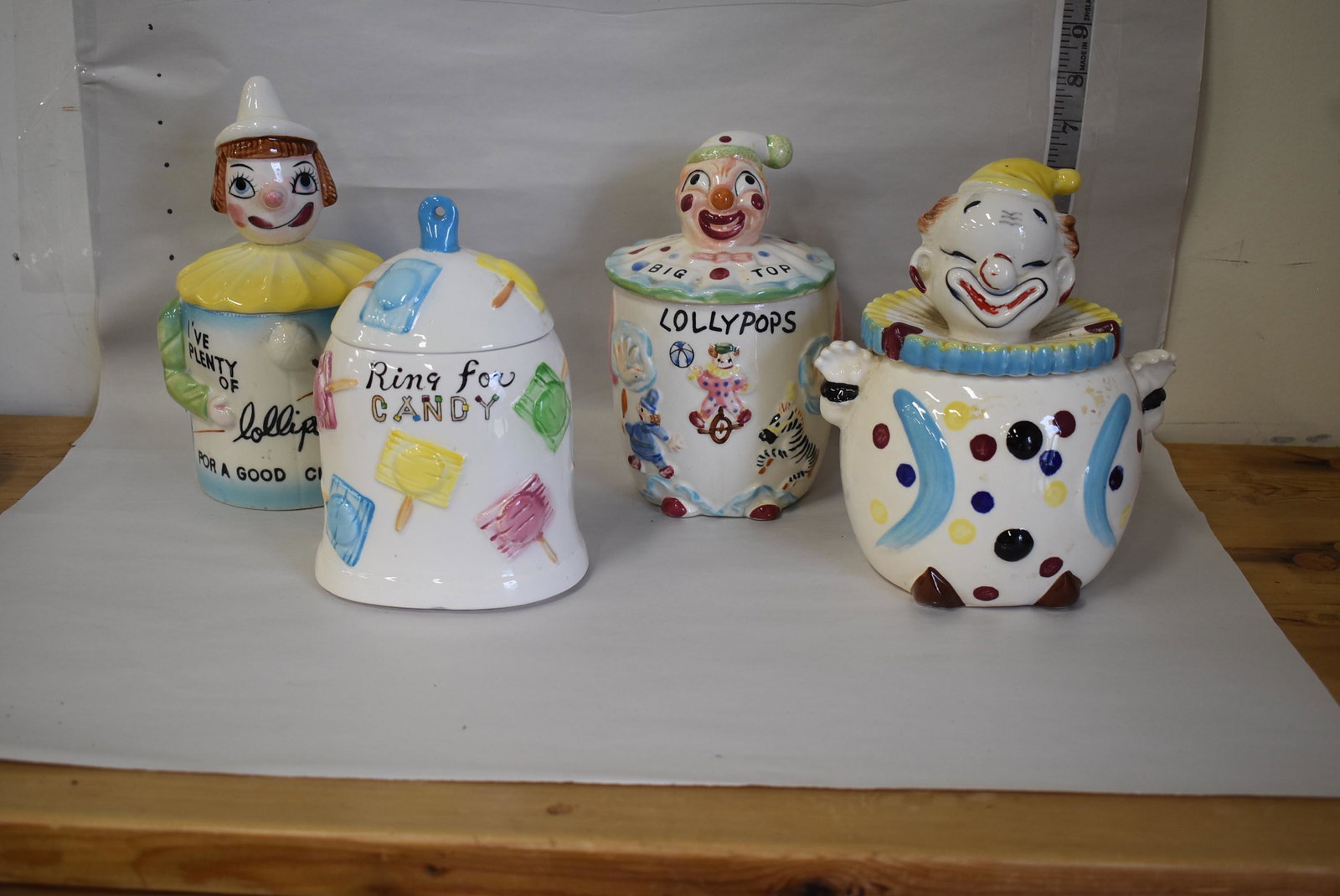 Collectible Candy/Lollipop Jar :Lot (4): Included in the lot is a Japanese Happy Clown, a Japanese Big Top Lollipop' a Dorar Originals Japanese Pinocchio and a Royal Sealy Japanese " Ring for Candy" ( a bell in the lid) Four in the lot