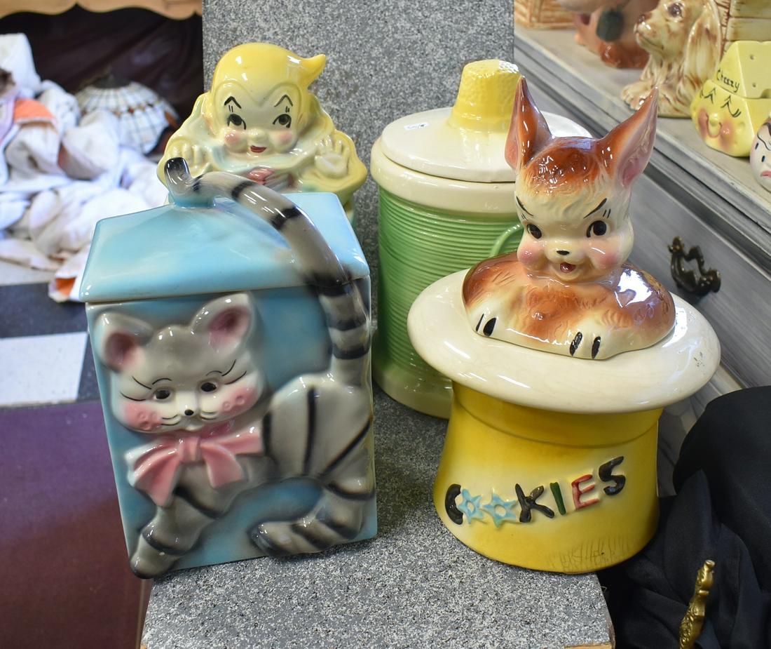 American Bisque Cookie Jars (4): Included in the lot is Spool and Thread with Needle on the Inside; Jack in the Box; Cat with Tail Handle and Magic Bunny