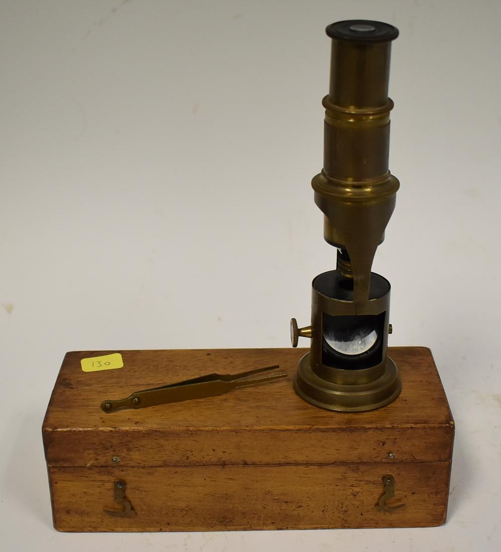 Antique Brass Field Microscope: With case. 6 inches long.