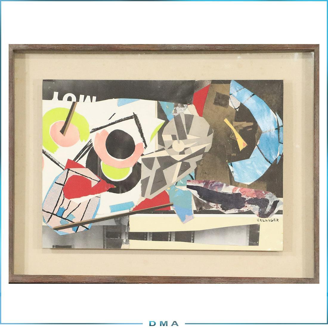 Elizabeth Erlanger; 20thC. Modernist Collage Signed: Modernist collage on board. Vivacious. Signed lower right. Circa 1965. Original framing; 11in. X 15in.(image), 15.5in. X 19.5in.(outside frame)