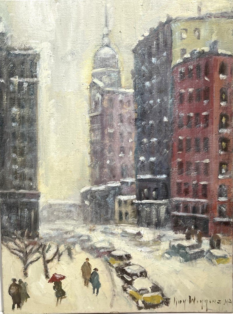 Guy Wiggins; American Oil City Hall Park Signed: Oil on canvasboard. City Hall Park in Winter. Signed l.r. and inscribed on reverse; 16in. X 12in.
