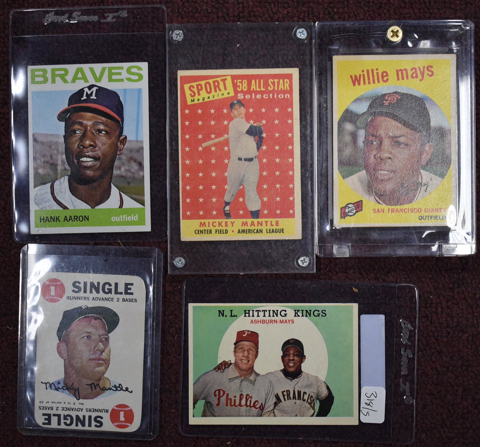Hall of Famer Collectible Cards (5): Lot of 5 hall of fames. 58 Mantle, 59 Mays (2), 64 Hank Aaron, and 68 Mantle game card