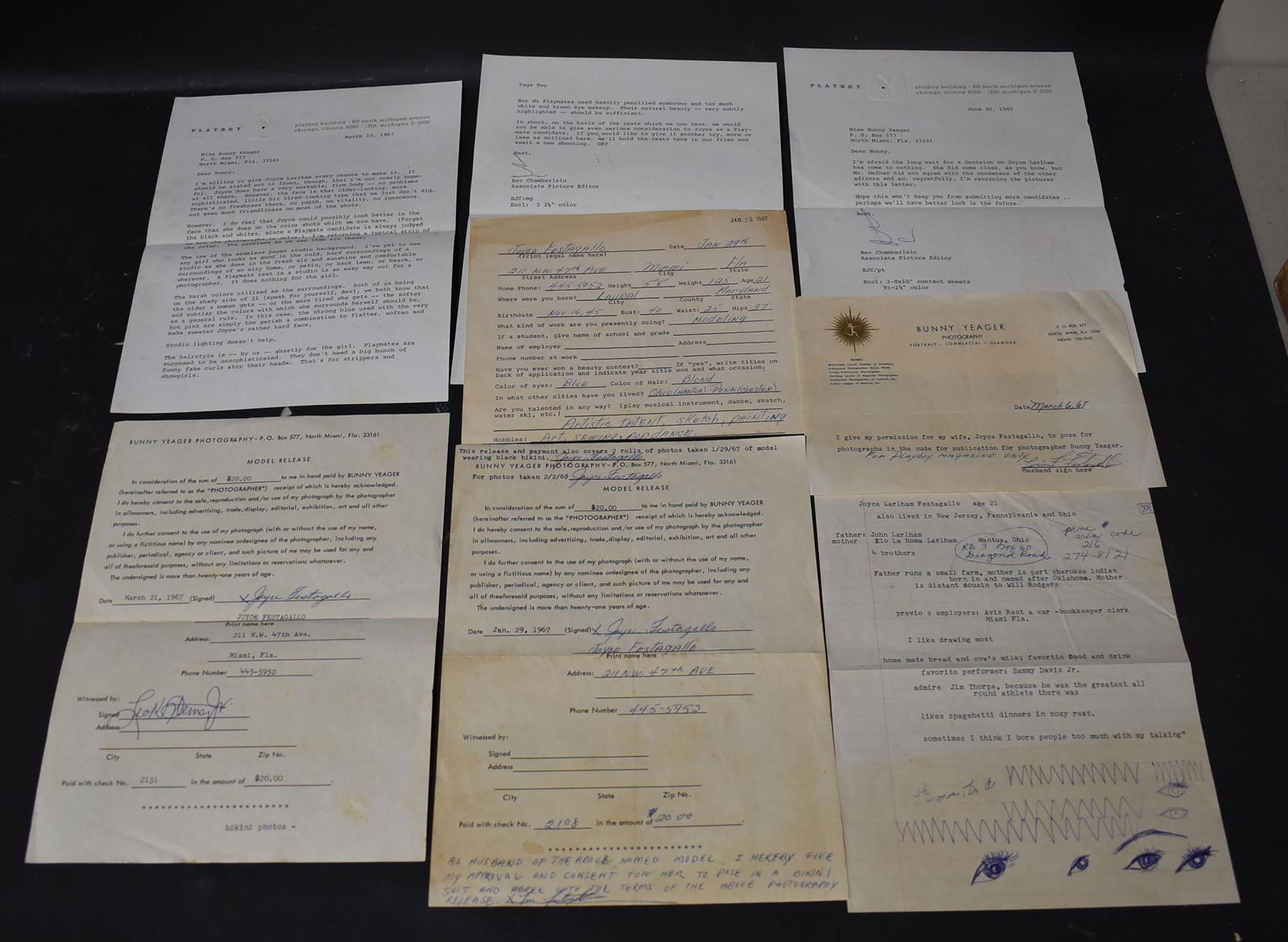 Joyce Festagallo Model Contract Resume Release Form: 3 News Paper Articles with Release of payment form and Two Letters from Playboy signed by Bev Chamberlain Associate Picture Editor Turning Down Joyce Festagallo
