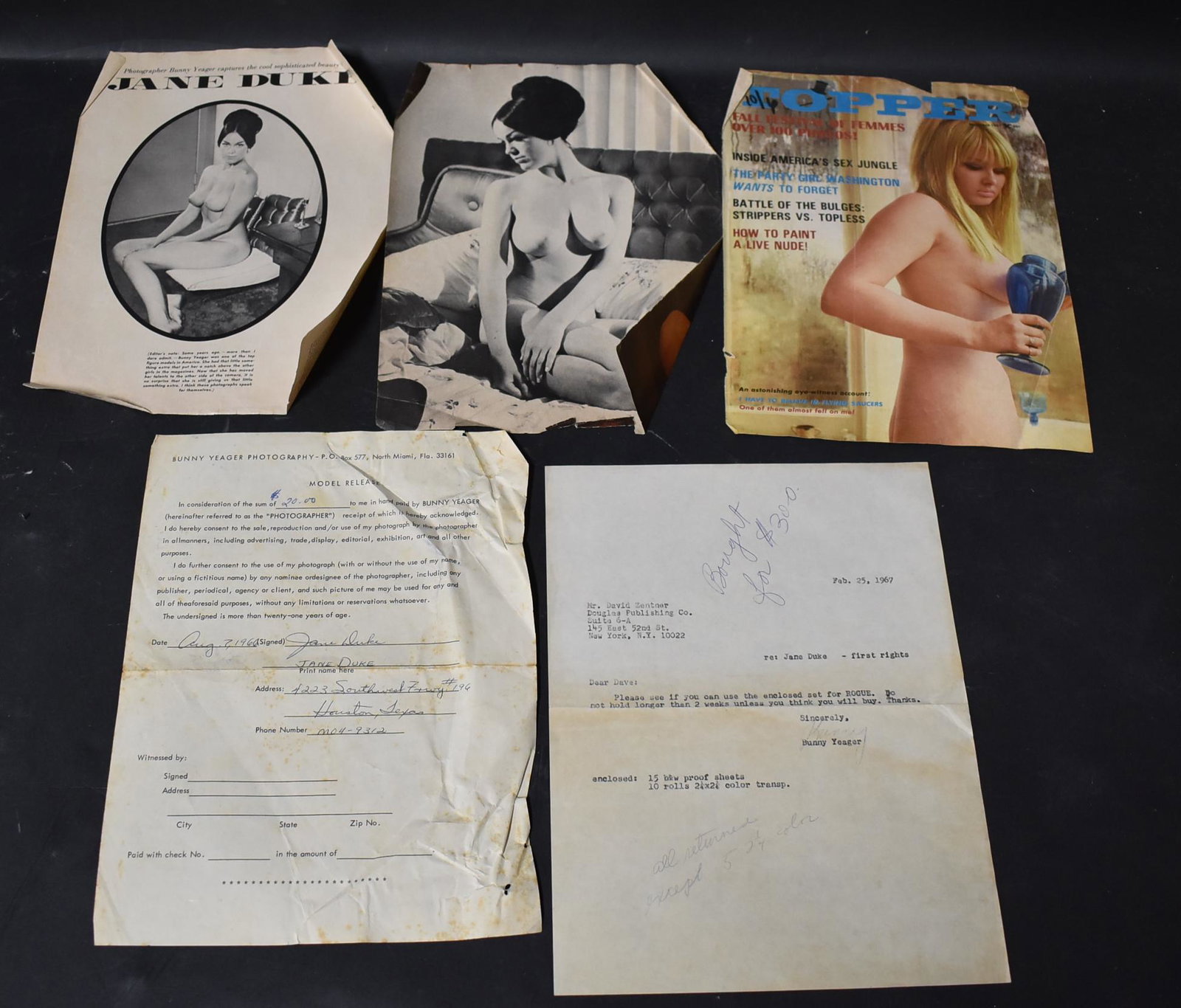 Bunny Yeager Jane Duke Model Release Sgd.: Jane Duke Model Release Letter to Douglas Publishing Signed by Bunny Yeager includes Magazine Covers Jane Duke Model Photographer Bunny Yeager Was one of The Top Photographers of Her Time