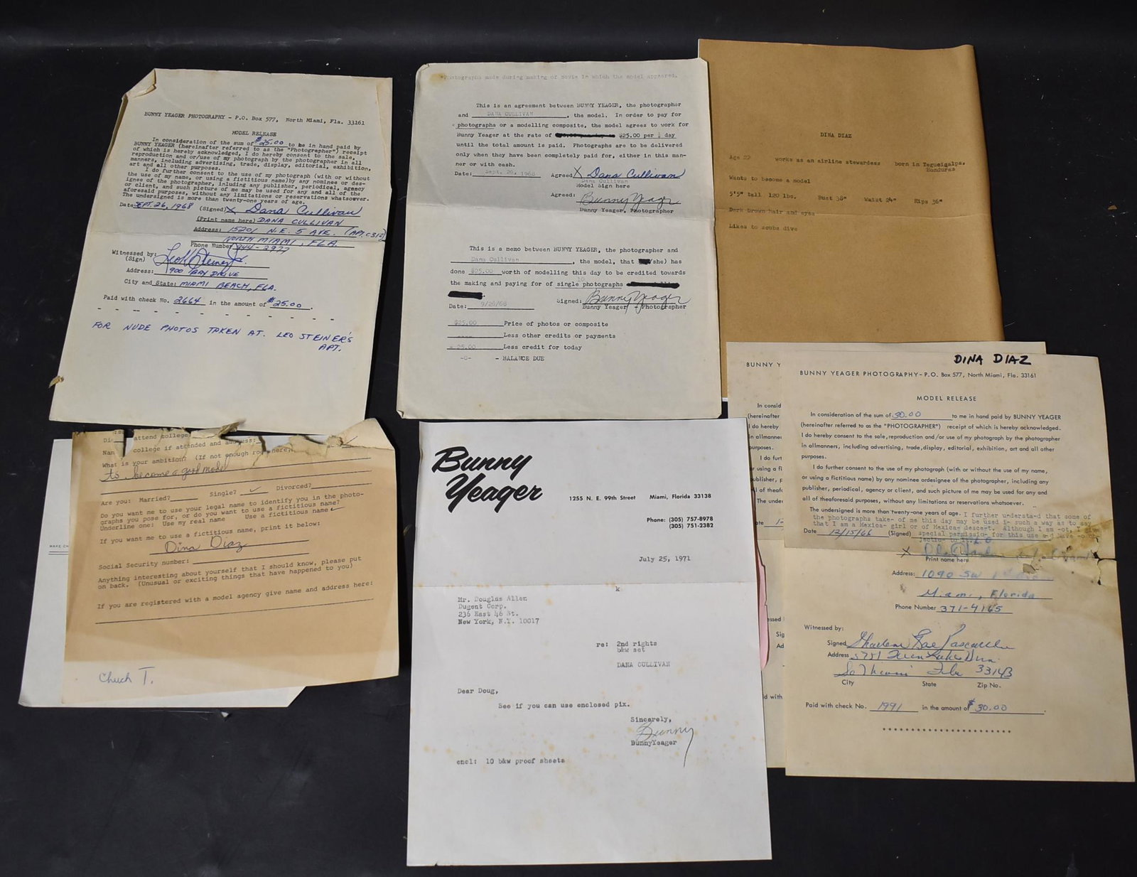 Letters Sgd by Bunny Yeager: Dana Cullivan Real Name Dina Diaz Lot of Release Letters Payment Agreements all signed by Bunny Yeager