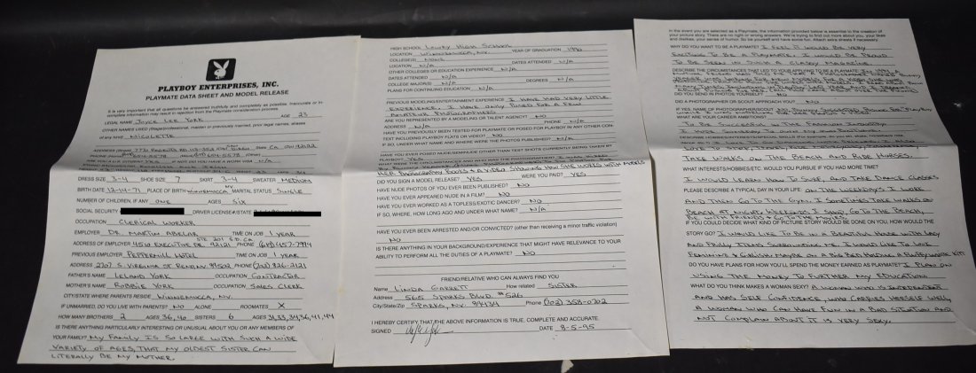 Joyce York Playboy Data Sheet & Model Release: Very Detailed Neatley Written Playmate 3 Page Data Sheet And Model Release For 23 Year Old Nicolette York Who Signed With Legal Name Joyce