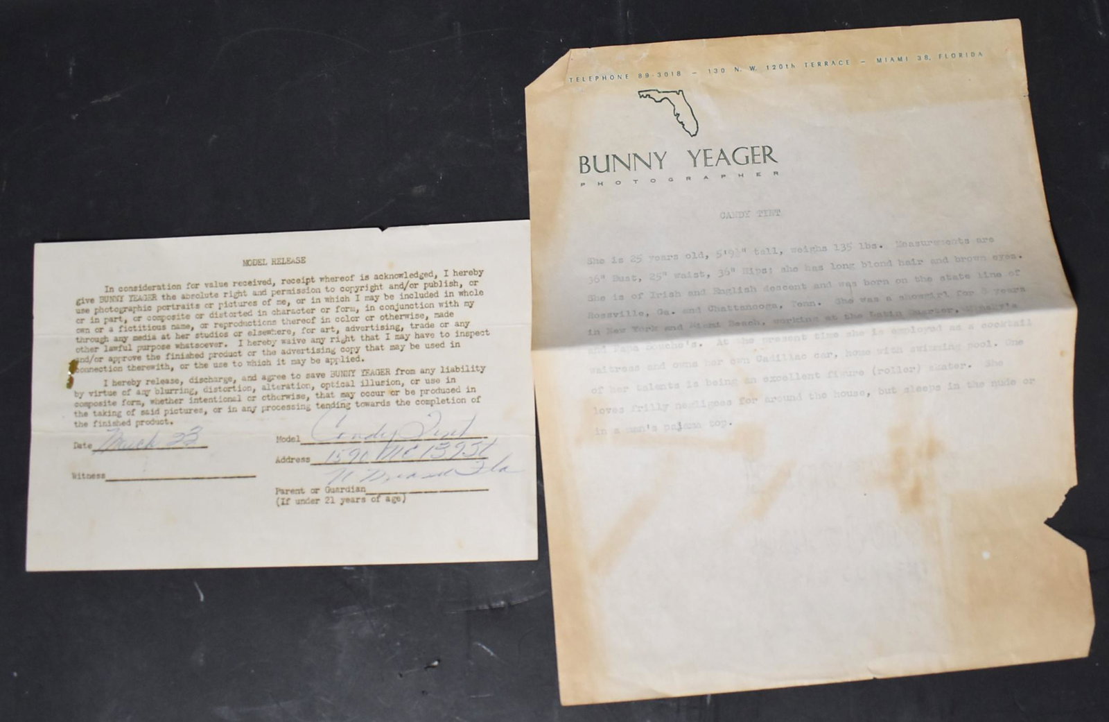 Candy Tint Model Release: Signed Included in Lot on Bunny Yeager Stationary is a Detailed Biography of Model