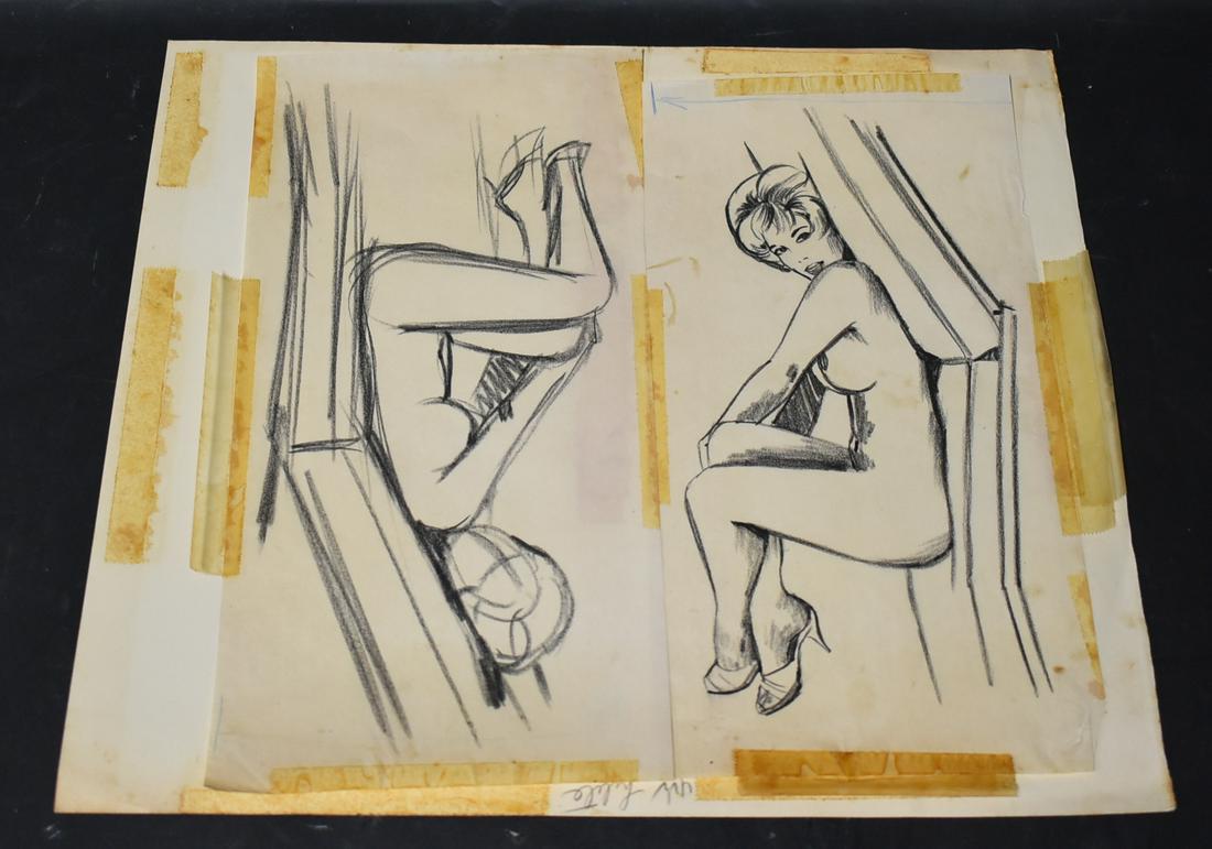 Tony Floreani Original Illustrations: Illustration For The Book "The Human Figure " Authors Tony Floreani & Bunny Yeager (1) Illustration Of Nude Woman With Legs Crossed Laying on Bed 14x12