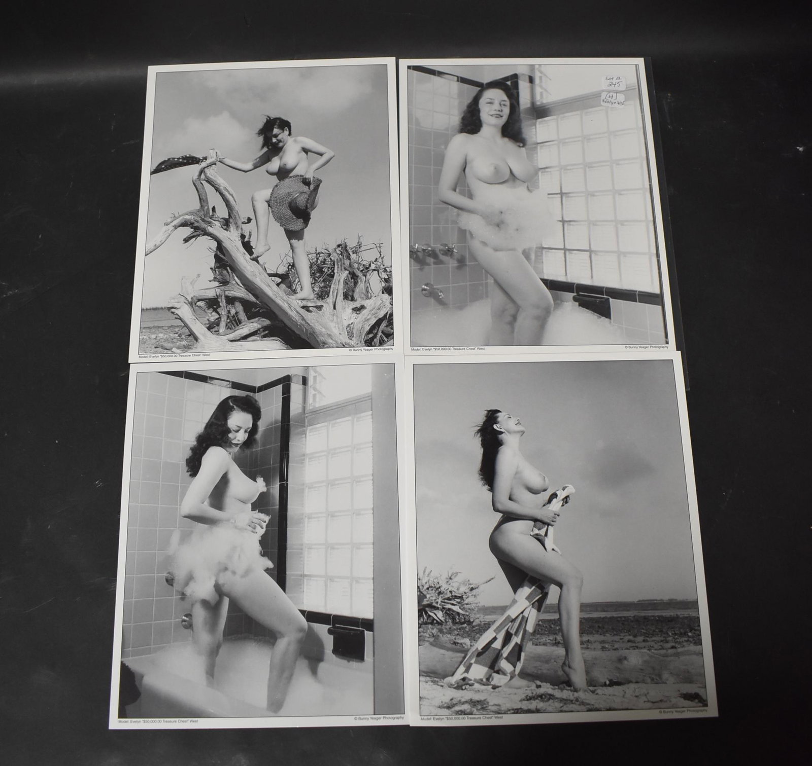 (4) Photos Evelyn West Model. Photographer Bunny Yeager: 8x10 Double Stock (4) Titled 50,000.00 Treasure Chest West