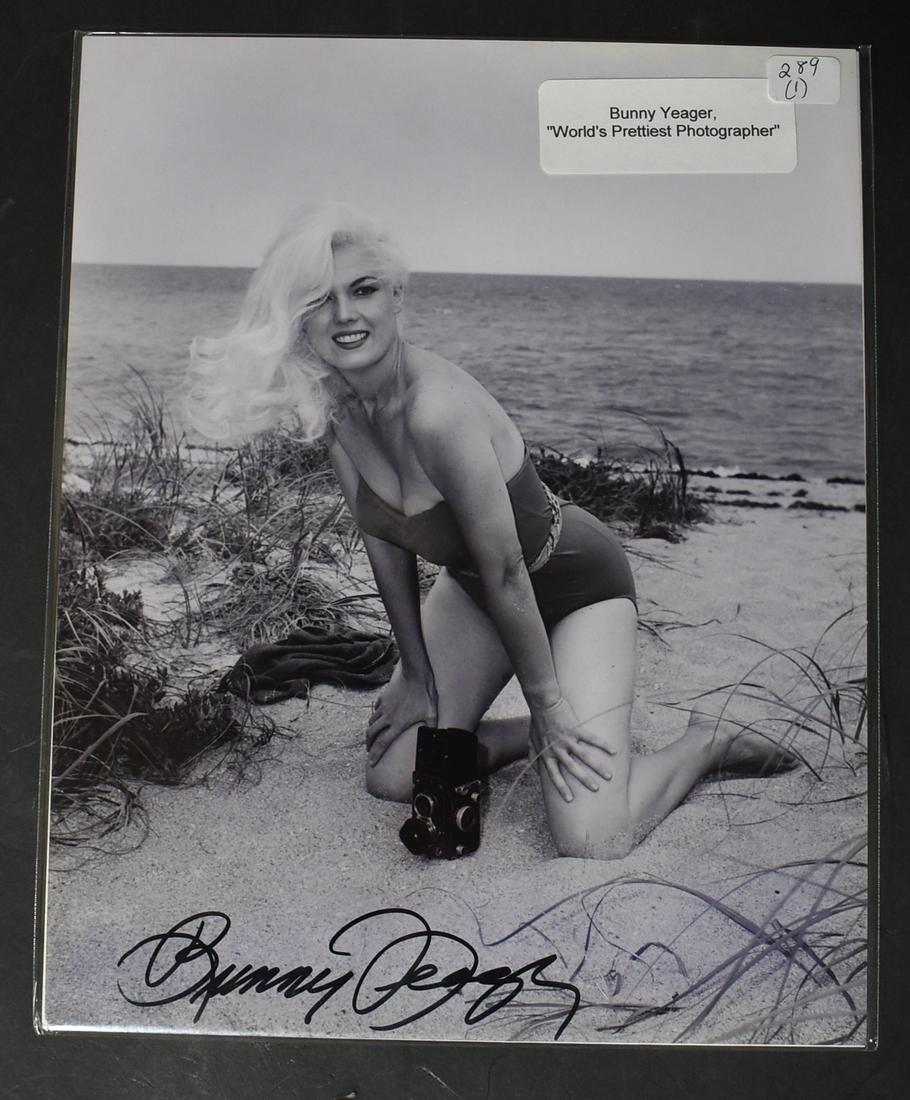 (1) Bunny Yeager Photo Sign.: 8x10 Double Stock "World's Prettiest Model" Bunny Yeager On Beach With Camera Signed by Bunny Yeager