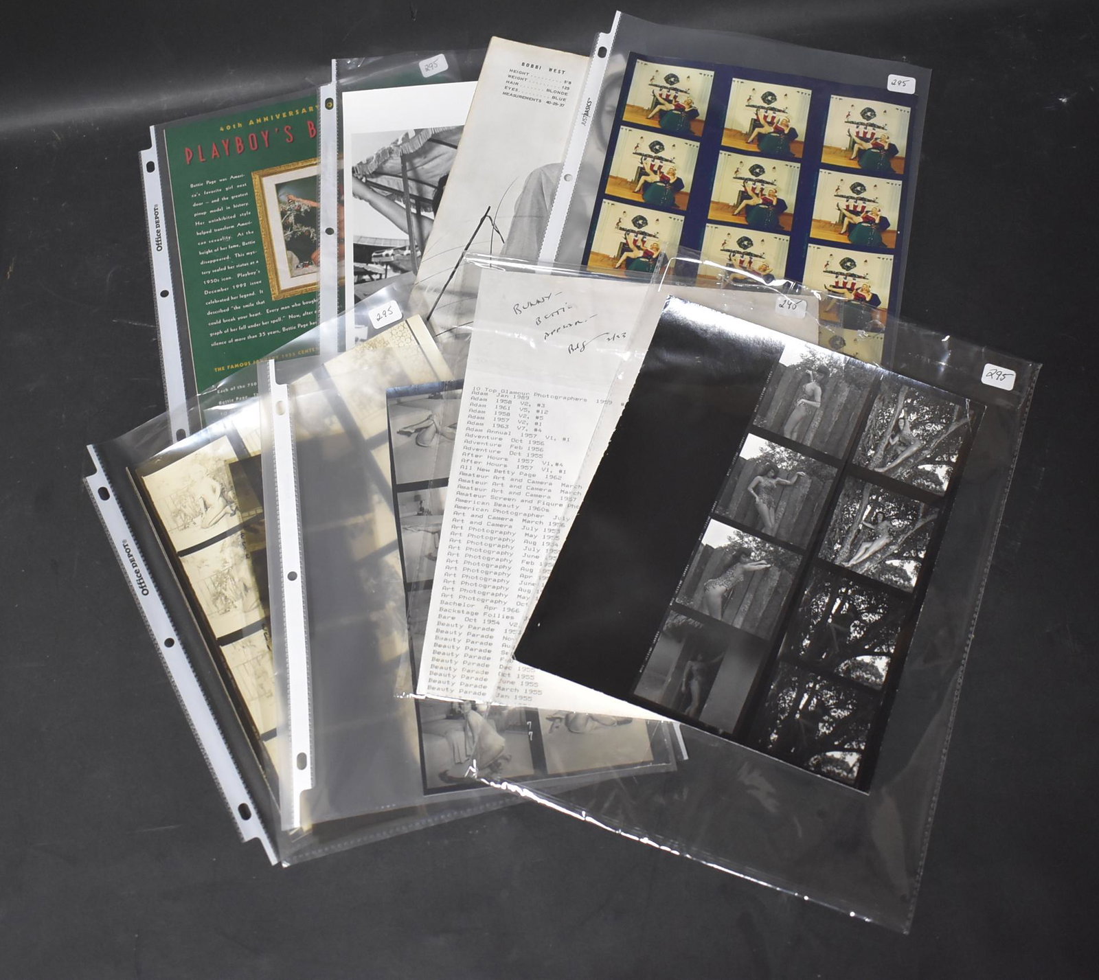 A Collector's Lot Of Everything Bunny Yeager: Included in the lot is a contact sheet of eight images of Sandra Settam sgd. on the back Bunny Yeager and with Yeager handwritten notations that Playboy was given a release for her to be Playmate; eig