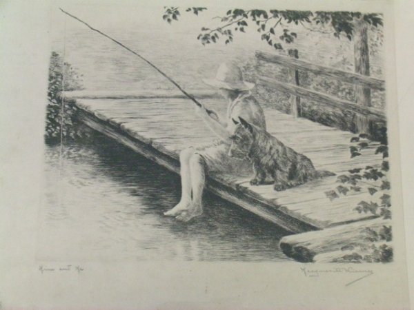 MARGUERITE KIRMSE ETCHING, HIM AND ME: Boy fishing on a Summer's Day with his Best Pal. 10" h x 12" w