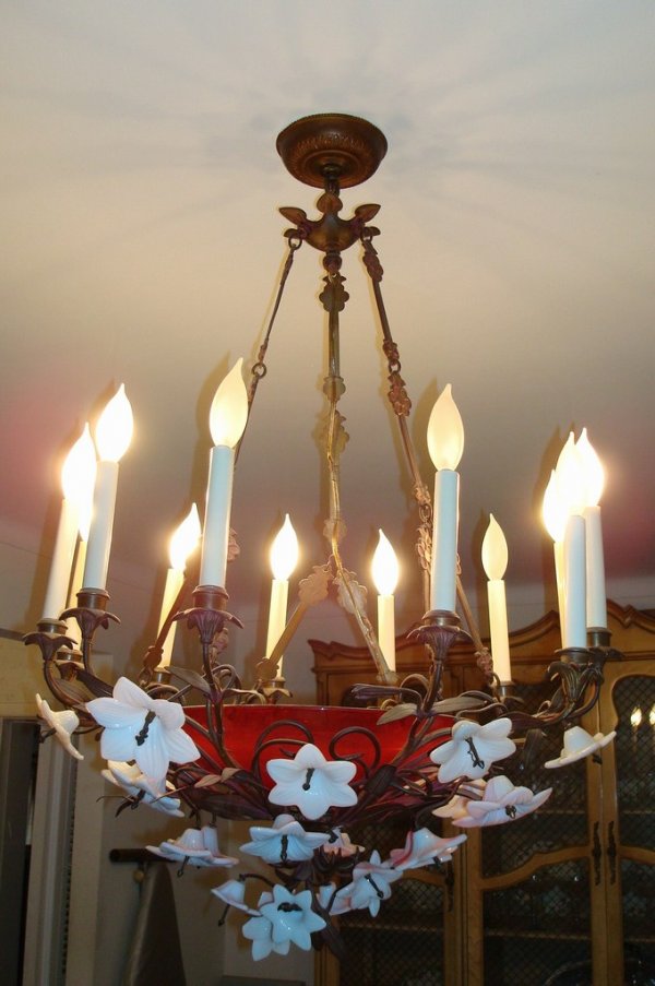 BRONZE MOUNTED & GLASS CHANDELIER: cranberry and milk glass multi-branched chandelier with polychromed dore bronze mounts.
