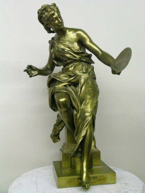 P. AUBE; BRONZE GROUPING SIGNED: French(19th century) dore bronze figure "Harmonie" inscribed,with engraved plaque inscribed " Hors Concours" ; 25 in. H.