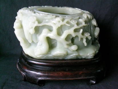 MONUMENTAL 19TH C. JADE BOWL ON TEAKWOOD STAND: Heavy weight. Thick. Detailed carvings. 5-1/2" H. x 7" W