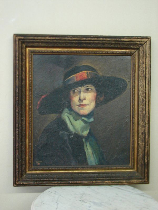 OIL PORTRAIT OF A LADY WITH A HAT, SGD. WITH MONOGRAM: 18" H X 16" W