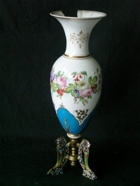 PORCELAIN & CHAMPLEVE ON BRONZE TRI-FOOTED VASE: hand painted porcelain vase(as is)on a Champleve tri footed bronze base