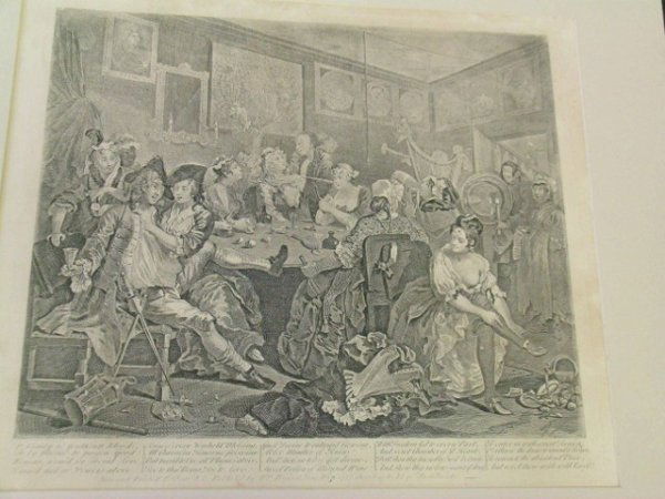 WILLIAM HOGARTH 18TH C. ENGRAVING: Bawdy tavern scene. Matted. 14-1/2" h x 17" w.