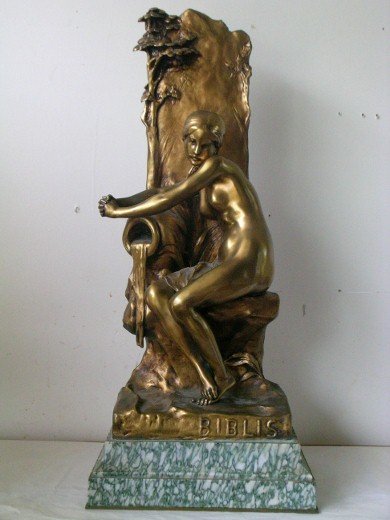 EMILE PICAULT DORE BRONZE ON MARBLE BASE, BIBLIS: Emile Picault Dore Bronze on marble base, entitled "Biblis" 24-1/2" h; 28" with base.