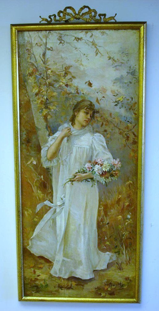 JULES CHERET; OIL PAINTING SIGNED: oil on canvas, "Spring Blossoms" signed; 34.5 in. x 15 in.