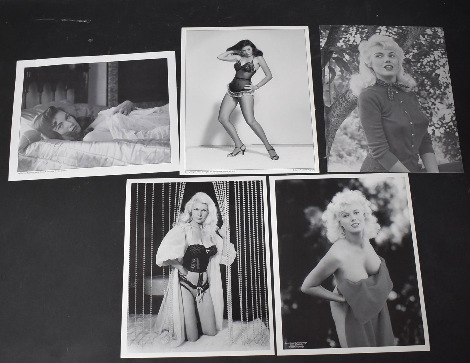Bunny Yeager Self-Timed Self Portraits (5): All notated either by label or by markings on the photo (oriented) . Five in the lot. All 8 x 10