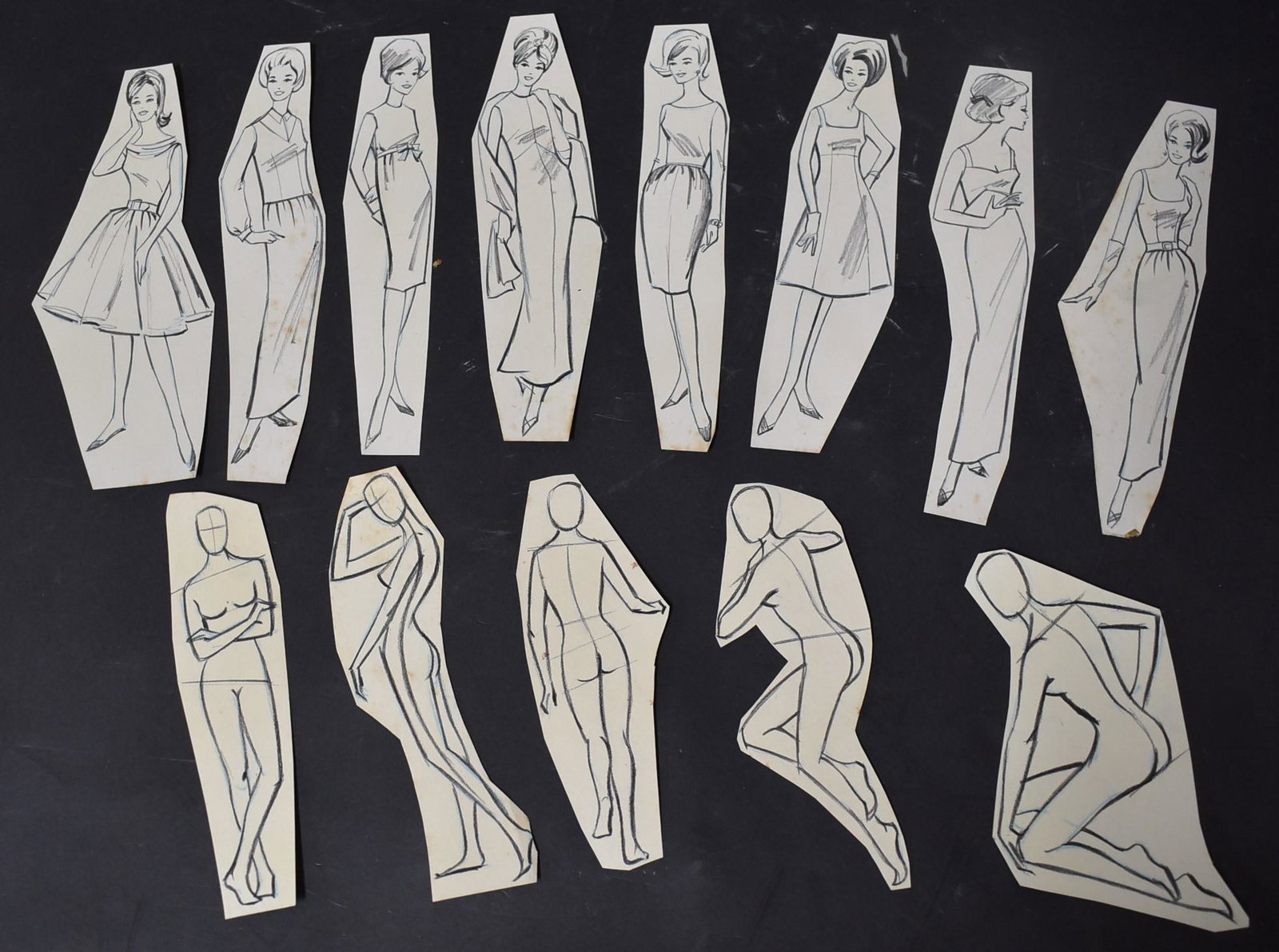 Tony Floreani Original Illustrations (11): Six of 1950's clad models and five of human figures. Drawn for the book written with Bunny Yeager "How to Draw Human Figures from Photos" Eleven items in the lot. 7"H