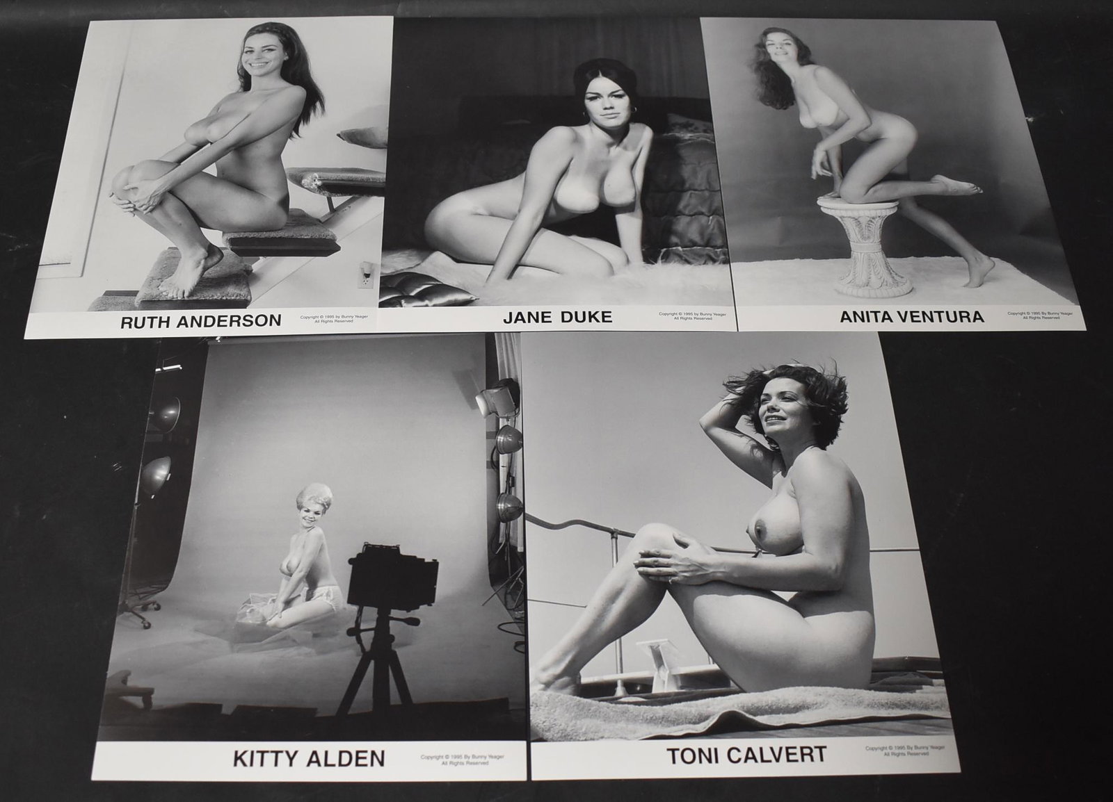 Bunny Yeager Mixed Model Photo Set (100): 20 copies of 5 photo sets featuring Anita Ventura, Kitty Alden, Toni Calvert, Jane Duke, and Ruth Anderson. 10 x 8.