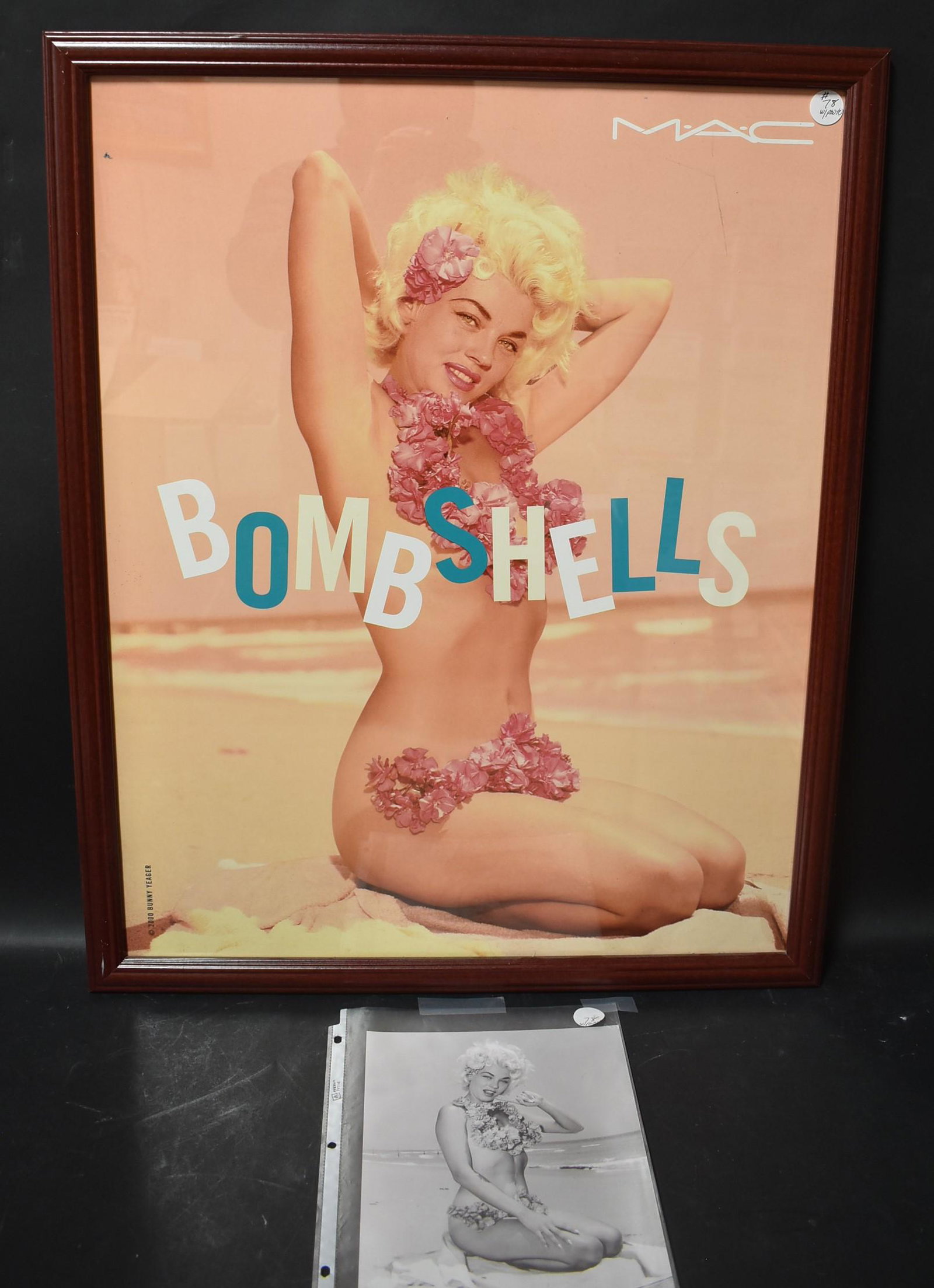 Model Maria Stinger Bombshell Poster for MAC Cosmetics: Maria Stinger. In Framed Bombshell Poster for Mac. Also Includes Photo in Black and White of Maria Stinger With Flower Bathing Suit Designed By Bunny Yeager. 30 x 24.