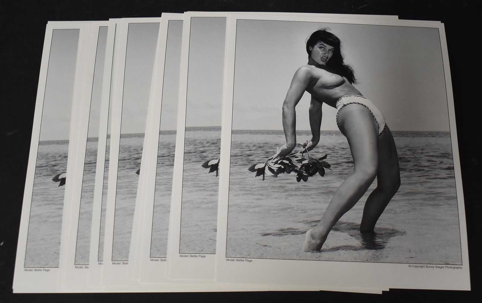 Bettie Page Photographs by bunny Yeager (16): (16) 8x10 Double Stock Bettie Page Arched back on beach All The Same Photos