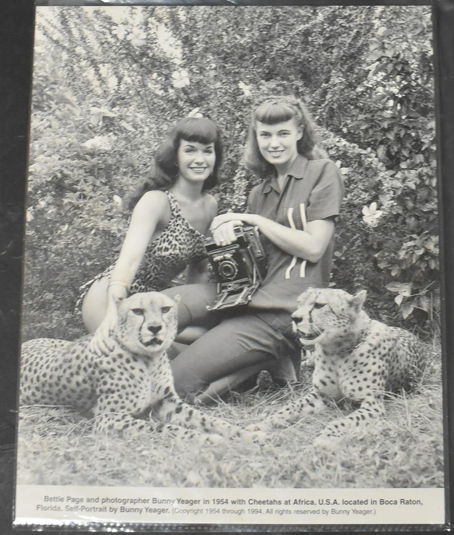 B&W Photo Bettie Page With Bunny Yeager (1): 8x10 Double Stock. In 1954 with Cheetahs at Africa USA Located in Boca Raton Florida. Self Portrait By Bunny Yeager Copyright 1954 through 1994