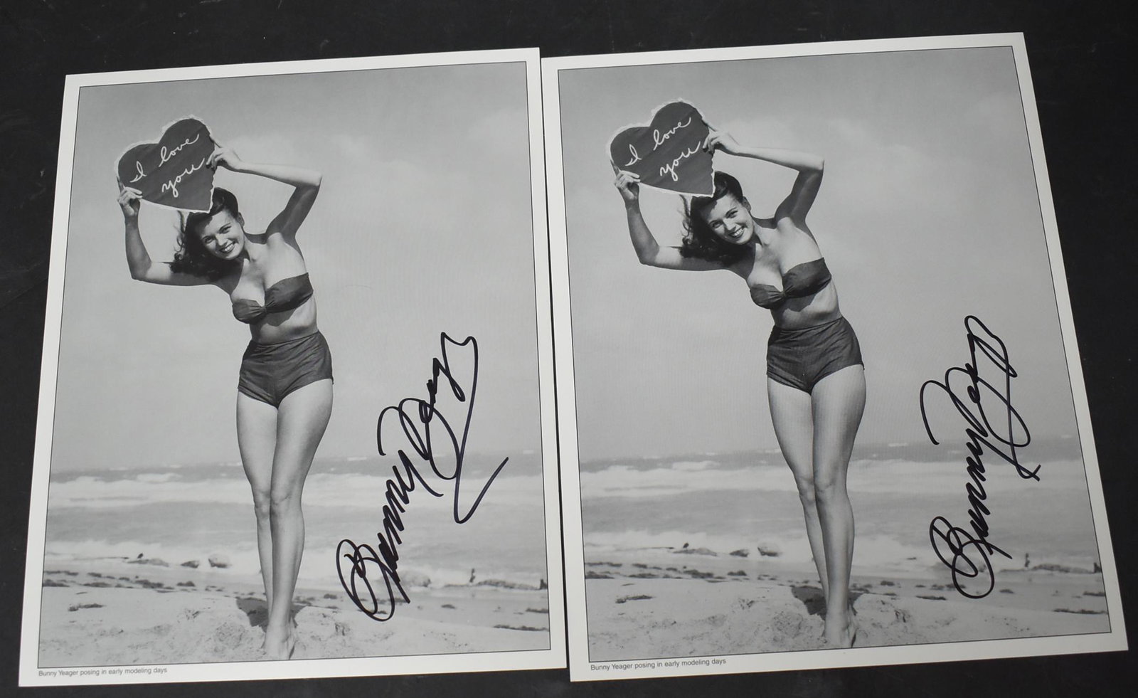 Bunny Yeager Posing In Early Modeling Days (2): 8x10 Double Stock. Bunny Yeager Holding I Love You Heart For Valentines Day On Beach Signed Bunny Yeager