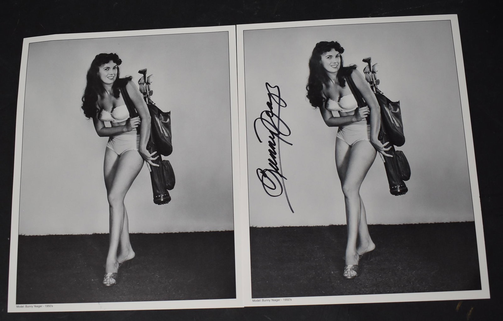 Bunny Yeager Photos (2): (2) Double Stock Bunny Yeager Photos Carrying Golf Bag Model Bunny Yeager 1950's