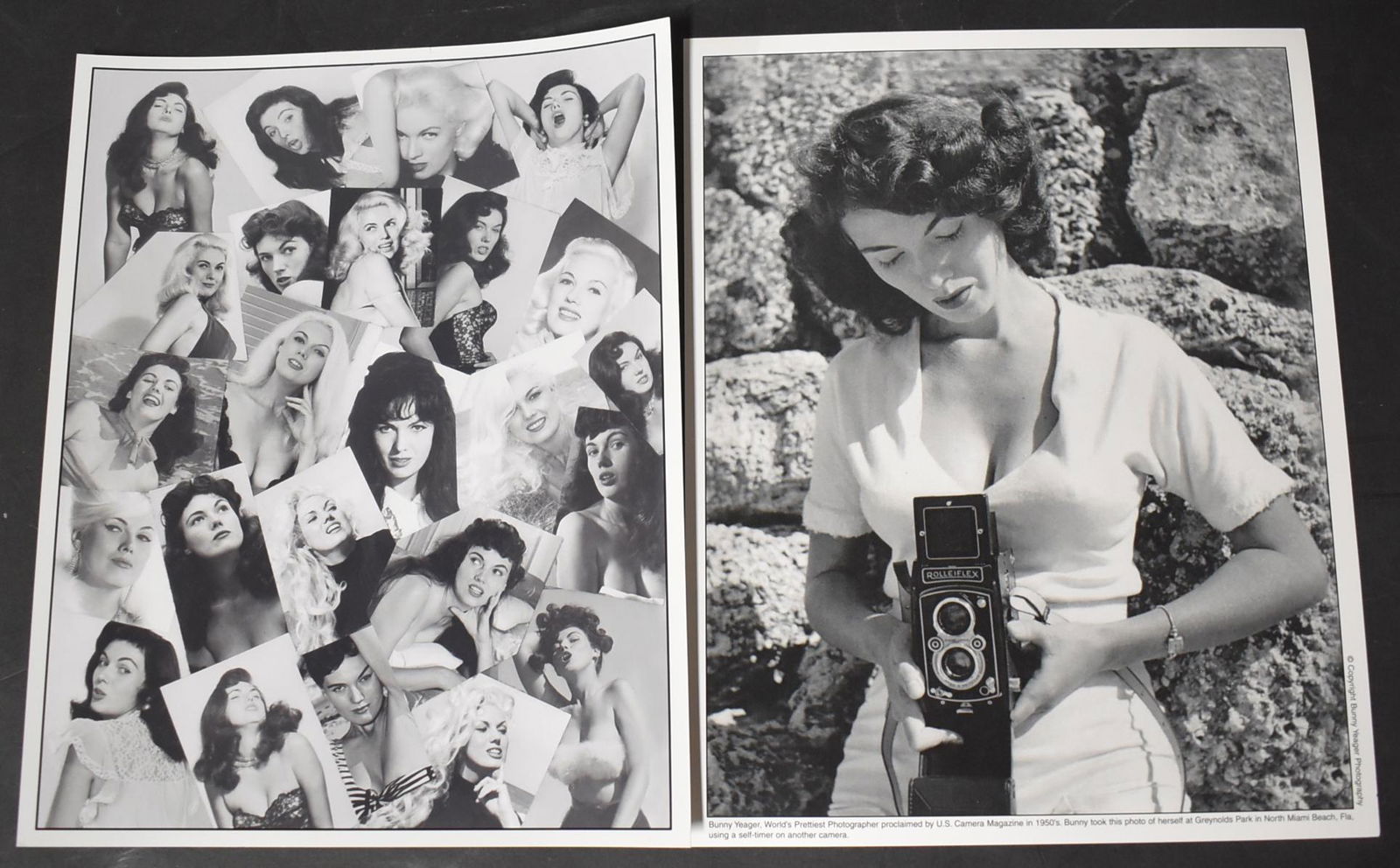 Bunny Yeager World's Prettiest Model Photos (2): (2) Double Stock First Photo Proclaimed By U.S.Camera Magazine. Bunny Took This Photo of Herself at Greynolds Park in North Miami Beach Florida. Second Photo A Collage Of Bunny Yeager Different Looks