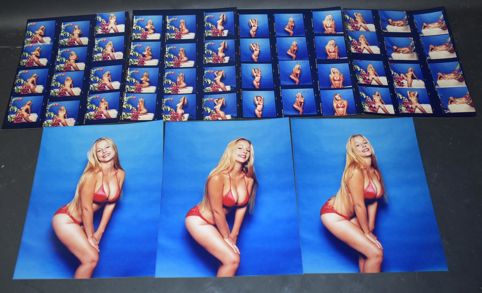 Lot of Bunny Yeager Photo and Contact Sheets (45+): Unknown model. 3 color photos and 4 sheets of color contact sheets.