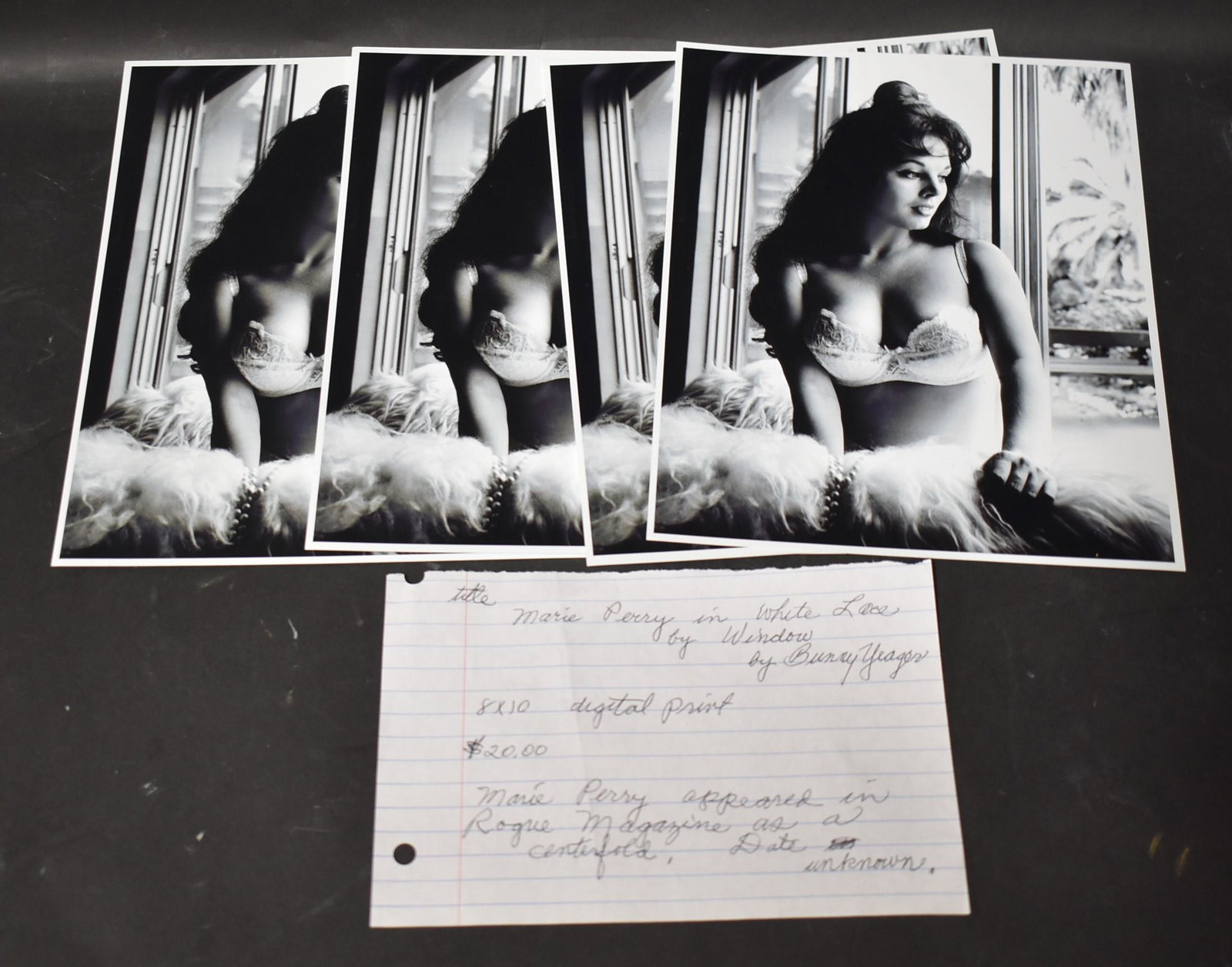 Model Marie Perry Photographs (4): (4) 8x10 Double Stock Photo. Marie In White Lace By Window, Includes Note Of Subject Note Signed By Bunny Yeager