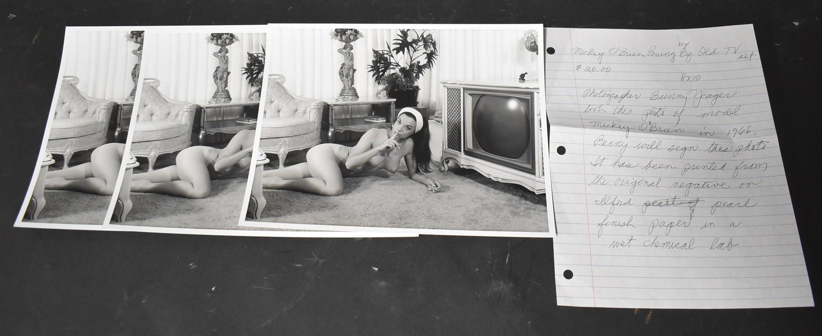 Bunny Yeager Model Mickey O'Brien Photos(3): (3) 8x10 Double Stock . Mickey O'Brien Posing By vintage TV. Also Includes Note Written By Bunny Yeager