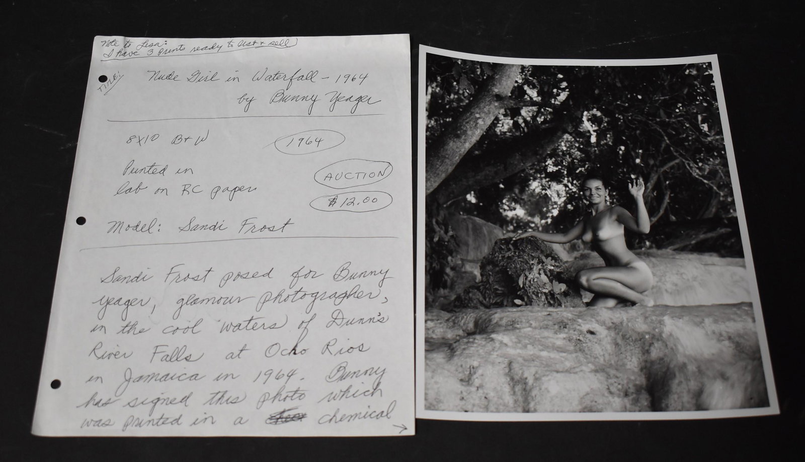 Bunny Yeager Sandi Frost Photo (1): (1) 8x10 Double Stock .Nude Girl By WaterFall By Bunny Yeager 1964 In River Falls Jamaica . Note Of Photo Also Included Sig. By Bunny Yeager.
