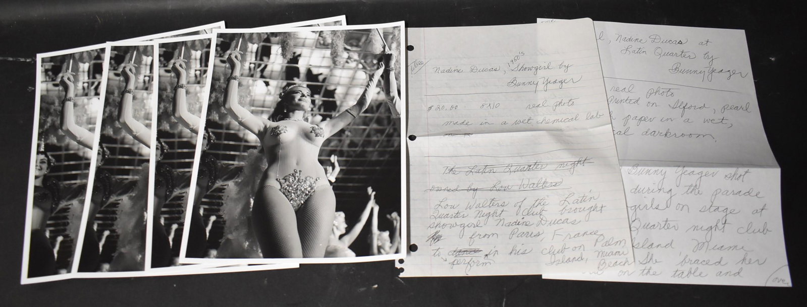 Bunny Yeager Nadine Ducas Photos (4): (4) 8x10 Double Stock .1950's Show Girl Latin Quarter Nightclub At Palm Island Miami. By Bunny Yeager. Note Also Included About Model And Photo Note Sign. By Bunny Yeager
