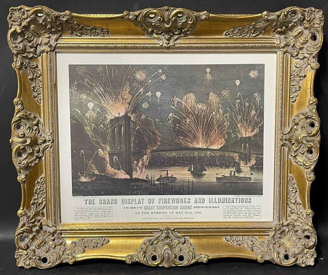 Ornately Framed Currier & Ives Print: Currier & Ives color print. The Grand Display of Fireworks and Illumination. Ornately carved and gilt frame. Later printing; 16in. X 20in.(image), 23in. X 27in.(framed)